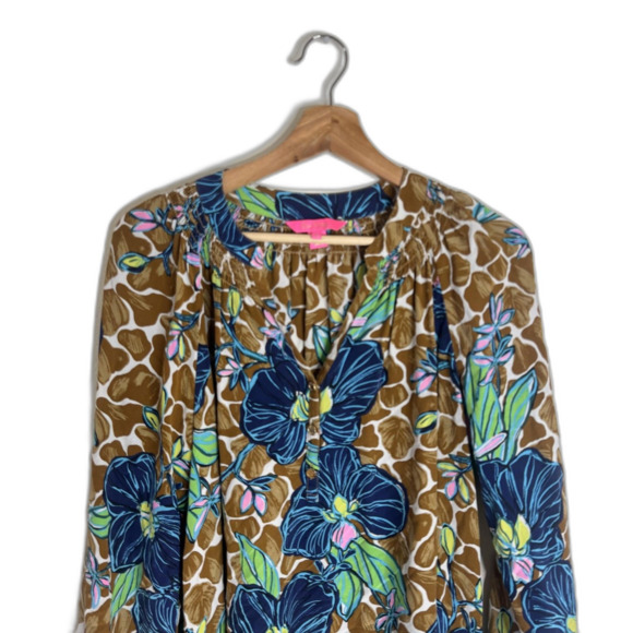 Lilly Pulitzer Shirt Womens M toffee blooms of paradise Silk Peasant Blouse - Picture 2 of 9